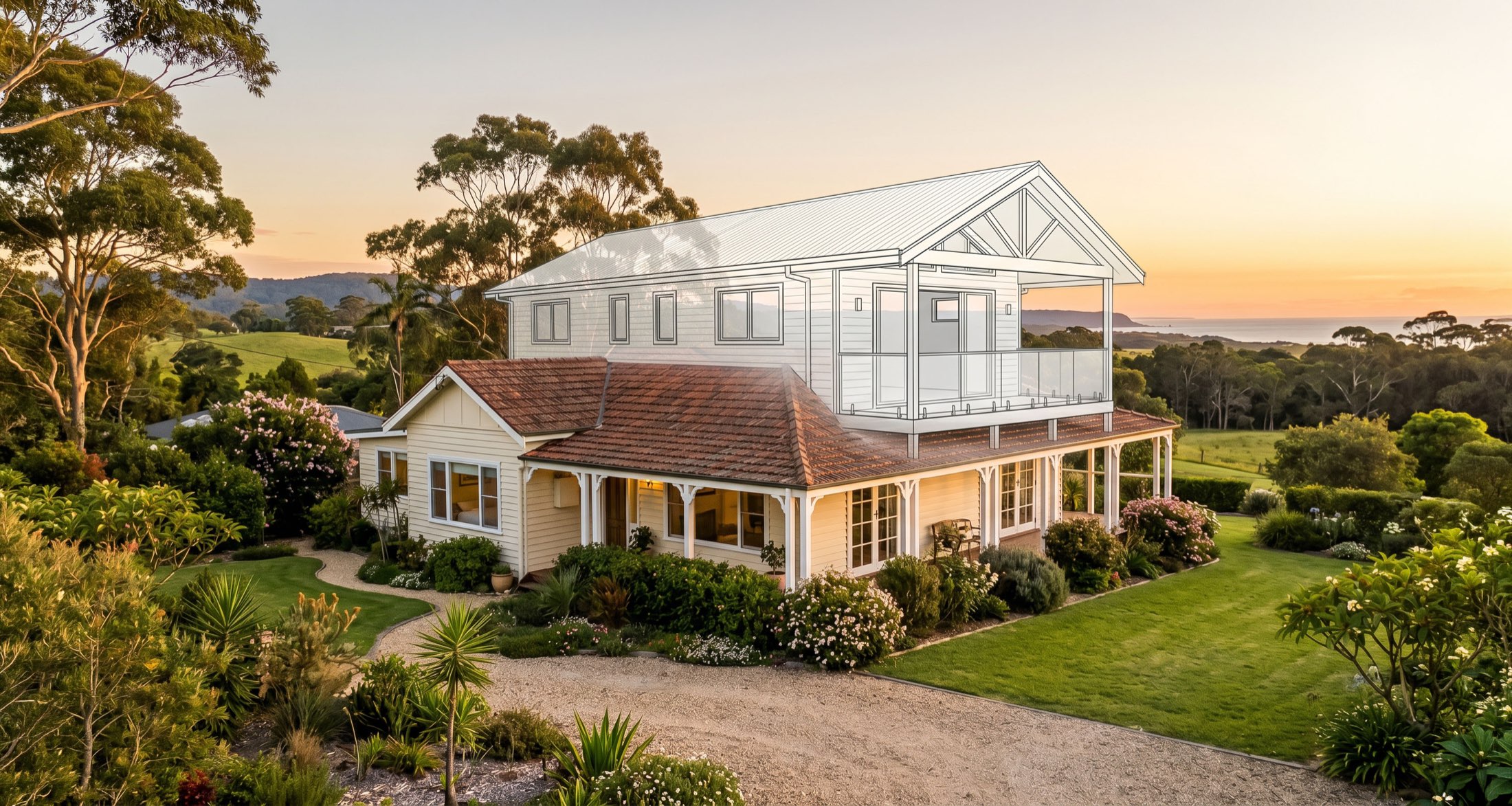 Coastal weatherboard home with a second-storey architectural overlay, golden-hour Central Coast